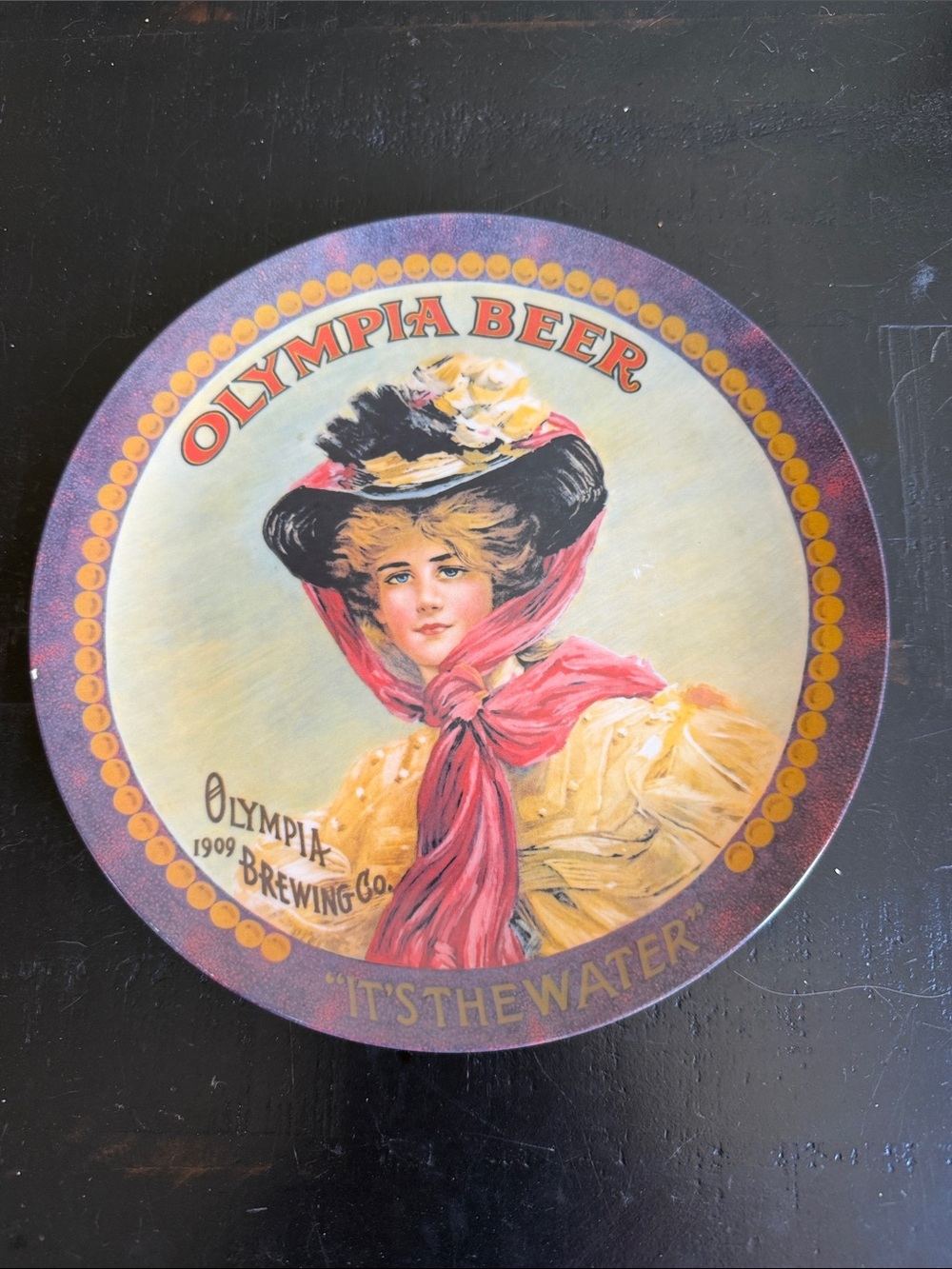 Olympia Beer Vintage Round Tray with Victorian Lady - Red, Yellow, Black